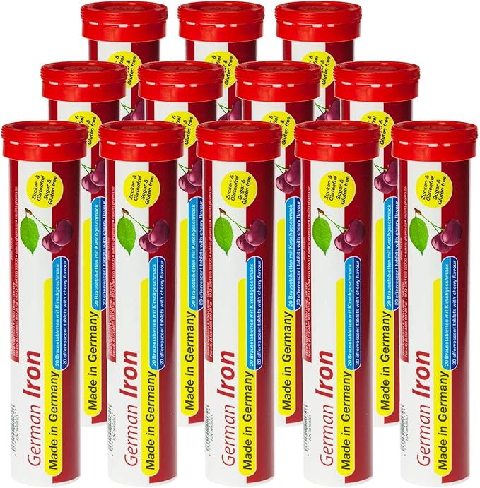 German Iron 14 mg - 240 Vegan Drink Effervescent Tablets - Cherry Flavor - Made in Germany