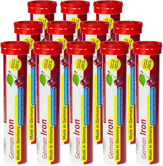 German Iron 14 mg - 240 Vegan Drink Effervescent Tablets - Cherry Flavor - Made in Germany