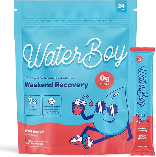 Waterboy Weekend Recovery | 3,200mg Electrolyte Powder Packets | Ginger + L-Theanine + Vitamins | No Sugar, All Natural, Gluten Free | 24 Drink Stick Mixes (Fruit Punch)