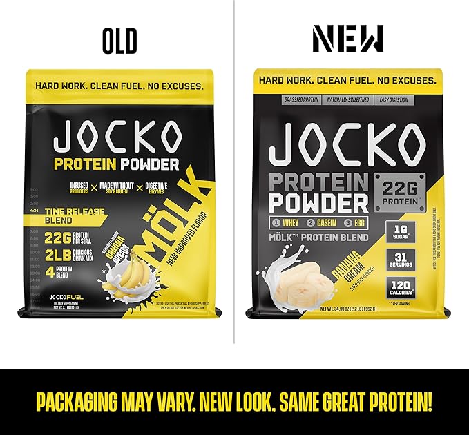 Jocko Mölk Whey Protein Powder 22g Sugar Free Monk Fruit Blend - Muscle Recovery & Growth, Packaging May Vary (31 Servings, Banana Cream)