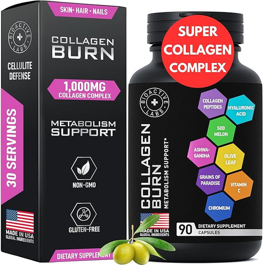 Thermogenic Multi Collagen Burn Capsules - Advanced Collagen Complex Type I, II, III, V, X Collagen for Cellulite Defense - Hydrolyzed Collagen Peptides Plus Hyaluronic Acid - 90 Collagenic Burn Caps