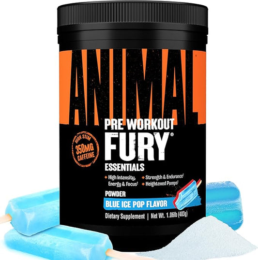 Animal Fury Pre Workout Powder - Energy and Focus Supplement with 5g BCAA, 350mg Caffeine Nitric Oxide Booster with Beta-Alanine, Preworkout for Men and Women, Blue Ice Pop Flavor, 30 Servings