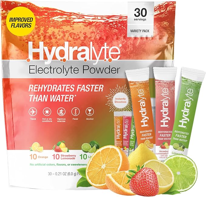 Hydralyte Low Sugar Rapid Rehydration - Lightly Sparkling Electrolyte Powder Packets, 8 oz Serve | Variety Hydration Packets | Hydration for Heat, Travel, Exercise and Bachelorette Parties (30 Count)