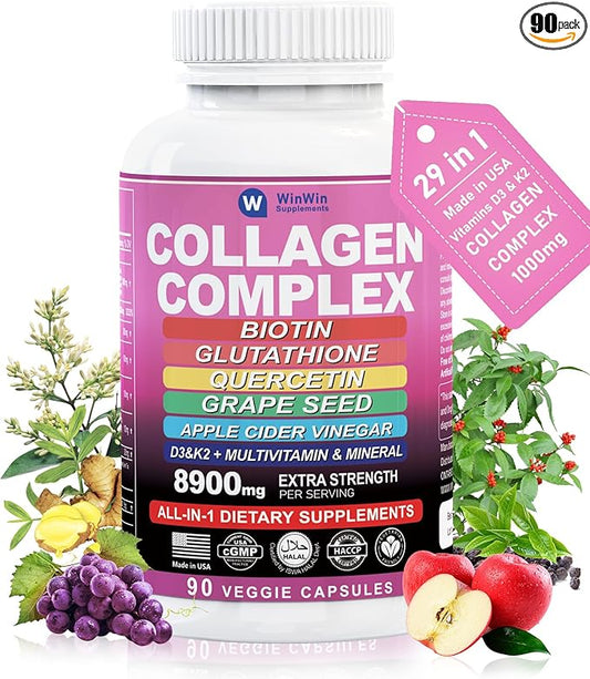 Collagen1000mg Type I, II, III, V, X Multi- Organic Quercetin Grape Seed, Apple Cider Vinegar Botanical Supplement with Biotin Glutathione Multi-Vitamins and Minerals Vitamin 29in1 Made in USA