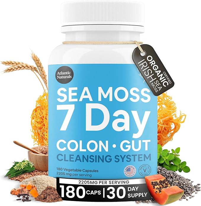 Atlantic Naturals - Sea Moss 7-Day Cleanse Colon & Gut Detox Capsule - Juice Cleanse Support with Psyllium Husk Senna Powder - Body Cleanse and Detox for Women & Men - 180 Sea Moss Capsules