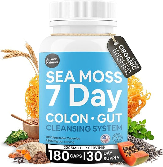 Atlantic Naturals - Sea Moss 7-Day Cleanse Colon & Gut Detox Capsule - Juice Cleanse Support with Psyllium Husk Senna Powder - Body Cleanse and Detox for Women & Men - 180 Sea Moss Capsules