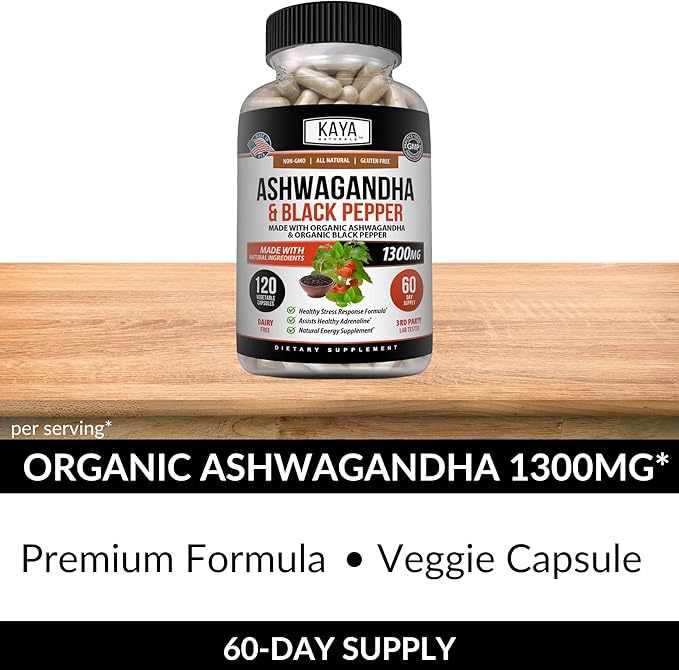 Kaya Naturals Organic Ashwagandha 1300mg, 120 Count Capsules for Stress Relief, Adrenal, Mood & Thyroid Support, Black Pepper and 100% Pure Ashwagandha -120 Capsules