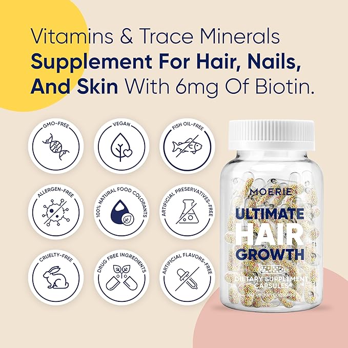 Moerie Hair Growth Supplement for Women & Men - Hair Skin and Nails Vitamins With Biotin, Q10 & Minerals - For Thicker, Fuller Hair & Hair Loss Treatment - Advanced Beadlet Delivery System - 120 Pills