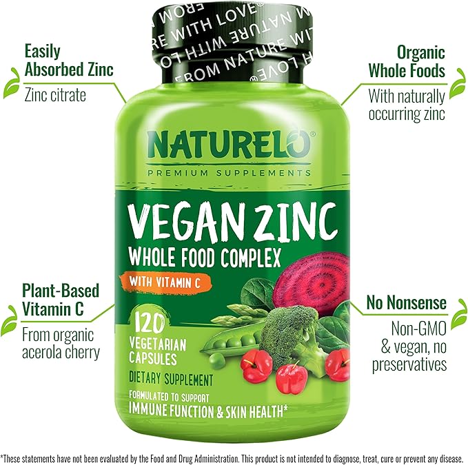 NATURELO Vegan Zinc Immune Support Capsules - Whole Food Complex with Vitamin C for Healthy Skin, Hair, and Nails - 120 Capsules (2 Pack)