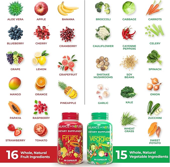 Balance of Nature Fruits & Veggies - Whole Food Supplement with Superfood Fruits and Vegetables for Women, Men, and Kids - 90 Fruit Capsules, 90 Veggie Capsules - 1 Set