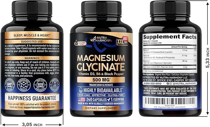 Magnesium Glycinate 500 mg - Chelated Supplement - with Vitamin B6 & D3 - High Absorption 98% - Support for Sleep, Muscle & Heart Health - Made in USA, Lab Tested & Non-GMO - 240 Capsules