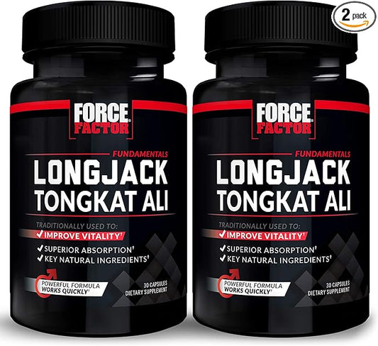 Force Factor Longjack Tongkat Ali 500mg for Men, Longjack Extract to Support Male Vitality and Improve Drive, Longjack Capsules with BioPerine Black Pepper Extract, 60 Capsules (2-Pack)