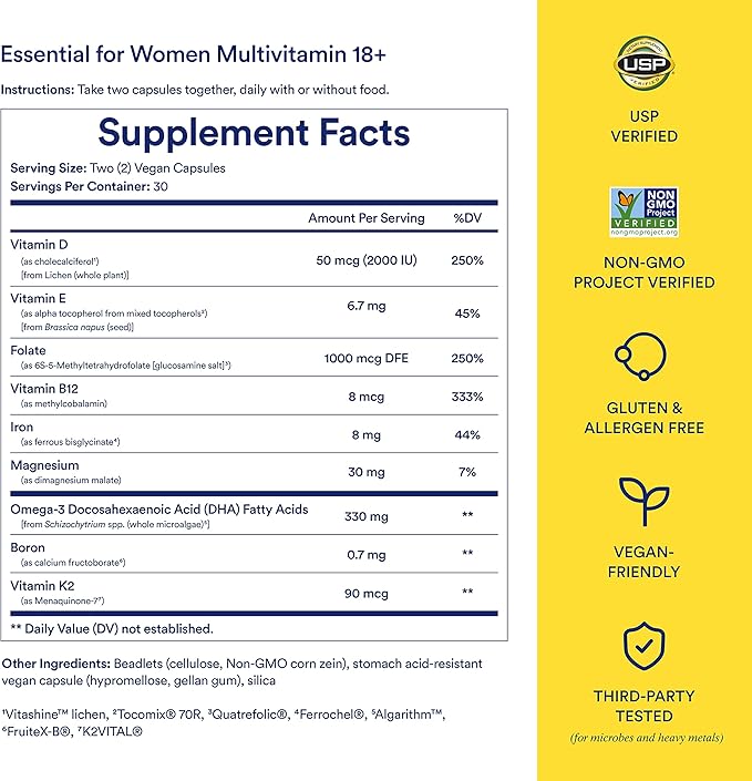 Ritual Multivitamin for Women 18+ with Vitamin D3 for Immune Support*, Vegan Omega 3 DHA, B12, Iron, Gluten Free, Non GMO, USP Verified, 30 Day Supply, 60 Capsules