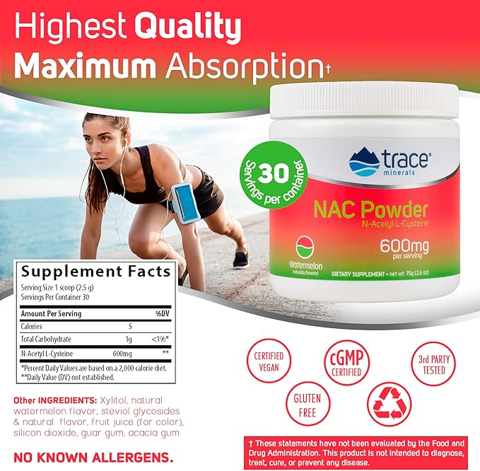 Trace Minerals | NAC Powder with N-Acetyl L-Cysteine Amino Acids | 600 mg to Support Immune System and Normally Functioning Liver and Kidneys | Natural Watermelon Flavor | 30 Servings, 2.6 oz jar