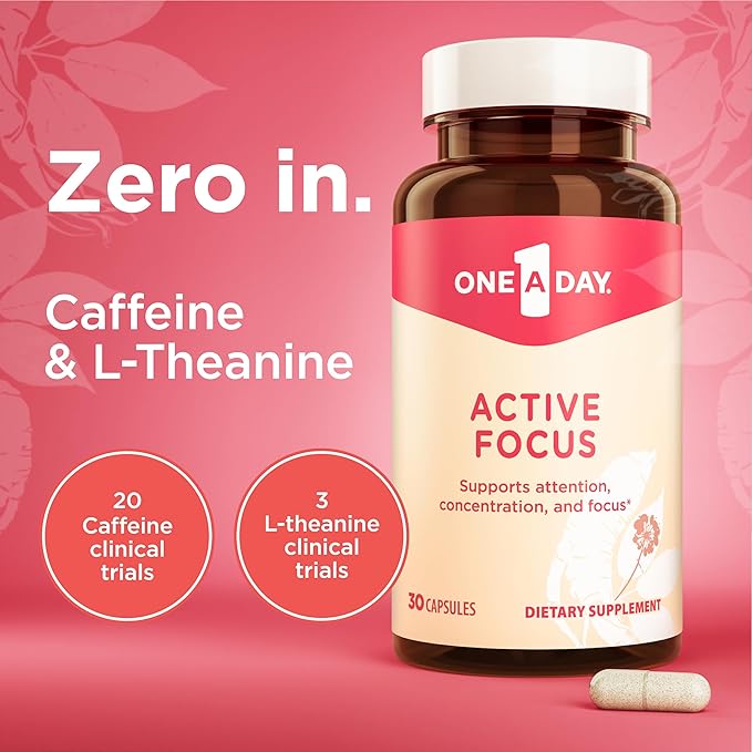 One A Day Brain Supplement – Brain Supplements for Memory and Focus Support, Concentration and Focus Support, Focus Supplement for Adults with L-theanine, Caffeine and Ginseng, 30 Capsules