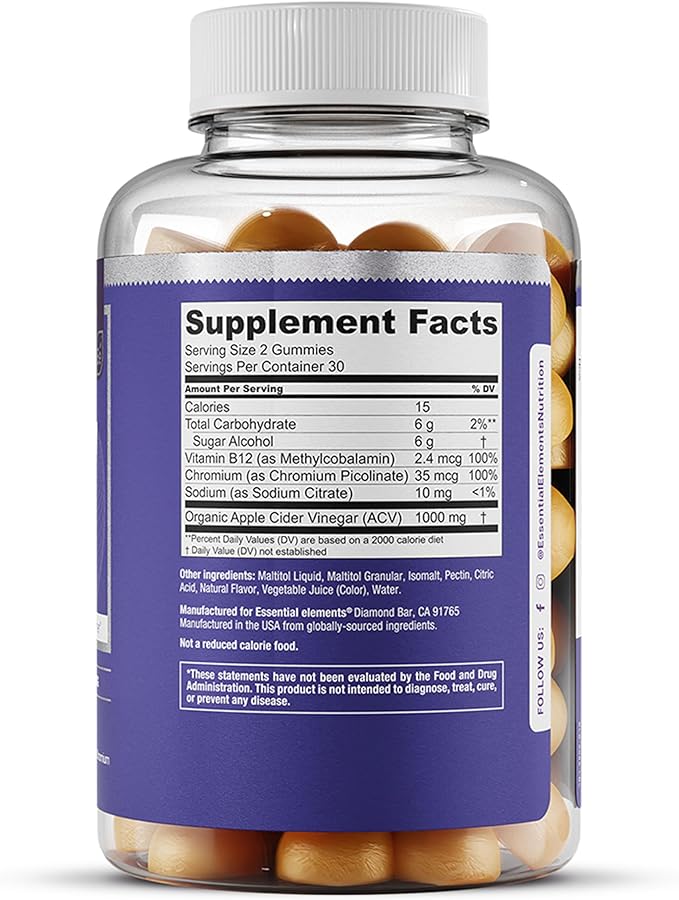 Essential Elements Zero-Sugar ACV Apple Cider Vinegar Gummies from “The Mother” - Naturally-Sourced, Vegan ACV Gummies with Chromium 60 Count (2-Pack)