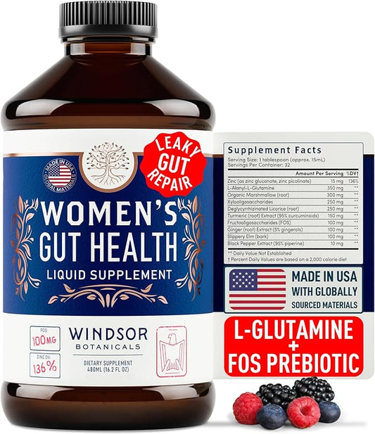 Complete Gut Health Supplements for Women - IBS Relief, Gut Support Liquid with FOS Prebiotic, L Alanyl, L Glutamine and Herbal Blend - Leaky Gut Repair & Gut Cleanse Detox for Women - 16oz (480ml)