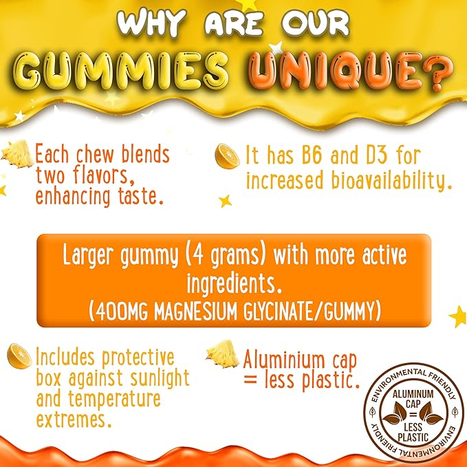 Magnesium Glycinate Gummies 400mg - Magnesium for Sleep, Calm, Relax & Muscle Relief with B6 & D3 and No Melatonin - Family-Friendly for Kids, Teens & Adults - Vegan & Non-GMO Supplement - 120 Count