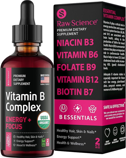 Vitamin B Complex Liquid - Energy Vitamins for Women & Men - B2 Riboflavin, B3 Niacin, B6, Biotin, B9 Folic Acid, B12 Supplements - Vegan B Complex for Hair Skin Nails, Vit B Sublingual Drops, 2oz