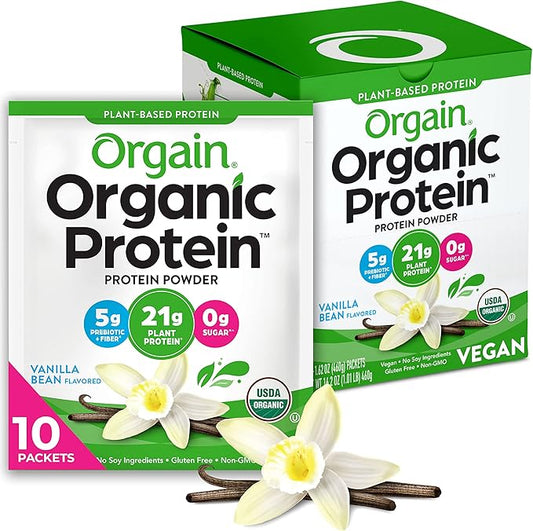 Orgain Organic Vegan Protein Powder, Vanilla Bean - 21g Plant Protein, 5g Prebiotic Fiber, Low Carb, No Lactose Ingredients, No Added Sugar, Non-GMO, For Shakes & Smoothies, 10 Travel Packs