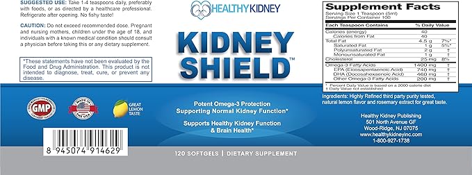 Kidney Shield Omega 3 Fish Oil Supplements - DHA EPA Omega 3 Supplement for Women & Men Kidney Health - Omega3 to Support Normal Kidney Function & Kidney Cleanse Detox & Repair - 120 Lemon Softgels