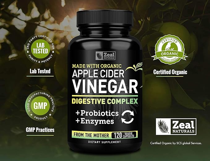 Organic Apple Cider Vinegar Capsules + Digestive Enzymes & Probiotics (1500mg | 120 Capsules) Raw Apple Cider Vinegar Pills & Fiber Supplement for Gut Health, Immune Support, Digestion & Detox Cleanse