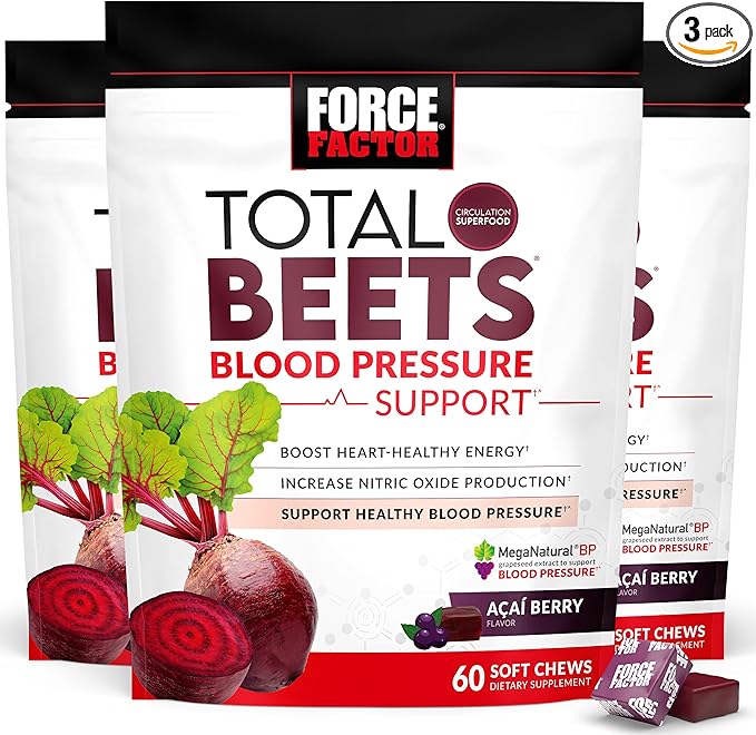 FORCE FACTOR Total Beets Blood Pressure Support Supplement, Beets Supplements with Beets Powder, Great-Tasting Beets Chewables for Heart-Healthy Energy, and Increased Nitric Oxide, 180 Chews, 3-Pack