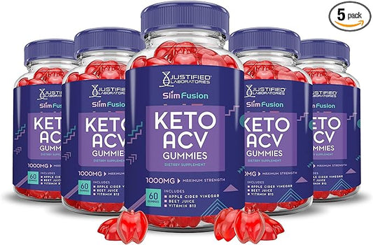 (5 Pack) Slim Fusion Keto ACV Gummies Advanced 1000MG Slimfusion Keto Gummies Formula Apple Cider Vinegar Formulated with Pomegranate Beet Juice Powder B12 Vegan Non GMO 300 Gummys