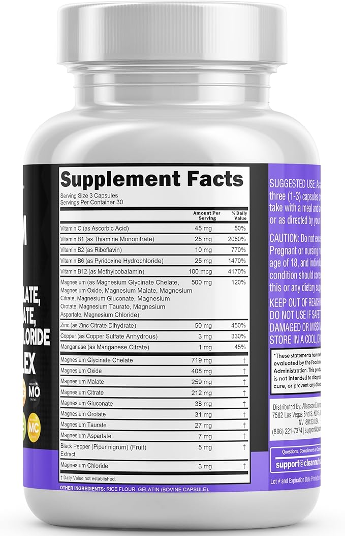 Clean Nutraceuticals Magnesium Complex 2285mg with Magnesium Glycinate Citrate Malate Oxide Taurate Aspartate Orotate & Mag Chloride, Zinc Copper Manganese & Vitamin C B1 B2 B6 B12 Complex - 1Pack