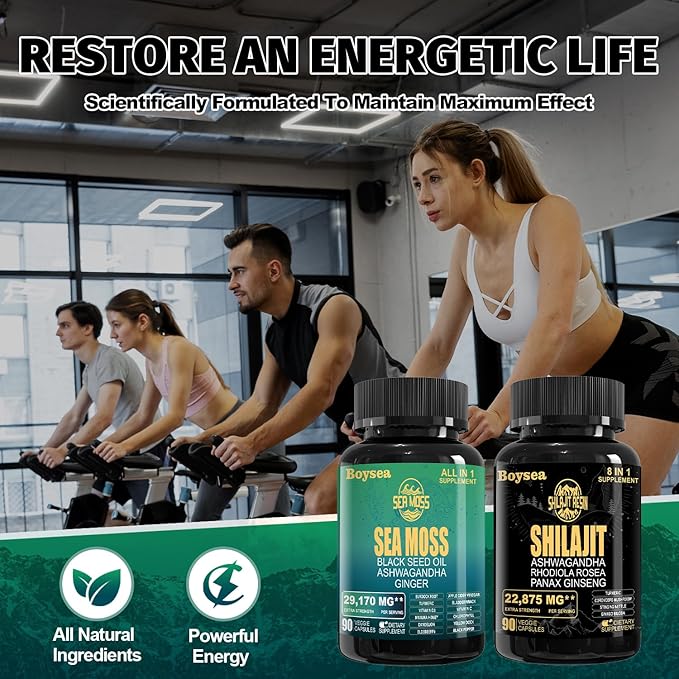 Boysea.Shilajit and Sea Moss Bundle - Sea Moss (7000mg), Ashwagandha (2000mg), Black Seed Oil (4000mg), Ginger & Shilajit (9000mg), Rhodiola Rosea (1000mg) – 90 Count (4 Pack)