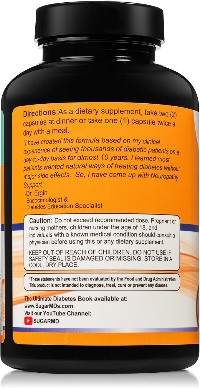 SugarMD Neuropathy Support Supplement – 180 Nerve Supplement Capsules with Alpha Lipoic Acid, Benfotiamine & Vitamin D3 B6 B12 - Nerve Support Supplement for Feet Hands Fingers & Legs - 90 Day Supply