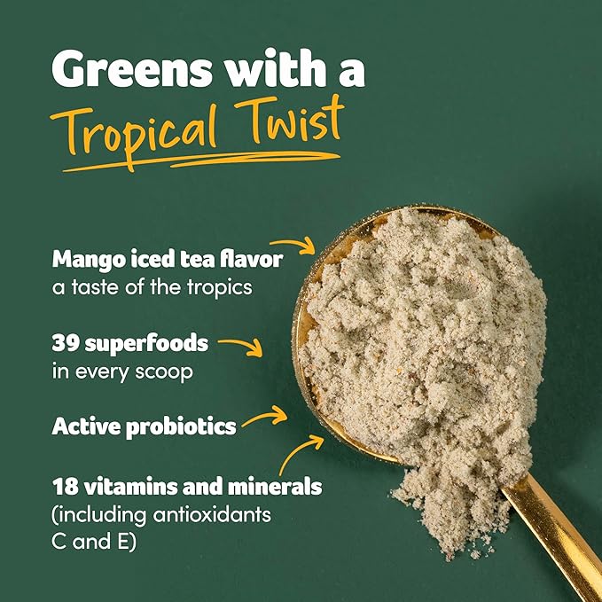 Purely Inspired Organic Green Powder Smoothie Mix, Tropical Mango Iced Tea Flavor (30 Servings) - Probiotics for Digestive Health with Spirulina & Chlorella for Gut Health - Vegan & Gluten-Free