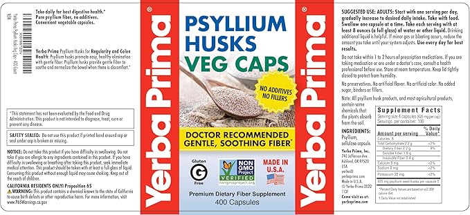 Yerba Prima Psyllium Husks Veg Caps, 400 Capsules (625mg) - Vegan, Non-GMO, Gluten Free, Colon Cleanser, Daily Fiber Supplement for Gut Health & Regularity