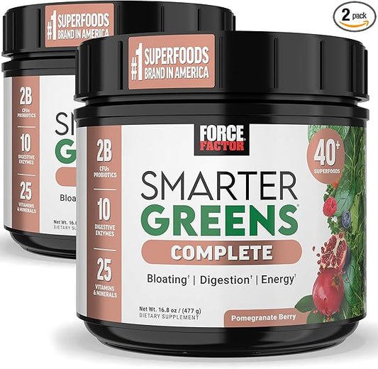 Force Factor Smarter Greens Superfoods Powder to Support Digestion, Gut Health, Bloating, Greens Powder with Probiotics, Prebiotics, Digestive Enzymes, & Adaptogens, Pomegranate Berry, 60 Servings