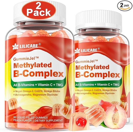 Vitamin B Complex Filled Gummies for Women & Men, Methylated B Complex w/Omega 3, Magnesium,CoQ10, Ashwagandha,Vitamin C, TMG -All B - B1,B2,B3,B5,B6,B7,B9 Folate,B12,Inositol,PABA, Sugar Free, 2 Pack