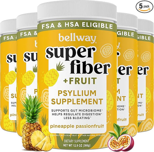 Bellway Super Fiber Powder + Fruit (5 Pack), Sugar Free Organic Psyllium Husk Powder Fiber Supplement for Regularity, Bloating Relief & Gut Health, Plant-Based, Pineapple Passion Fruit (250 Servings)