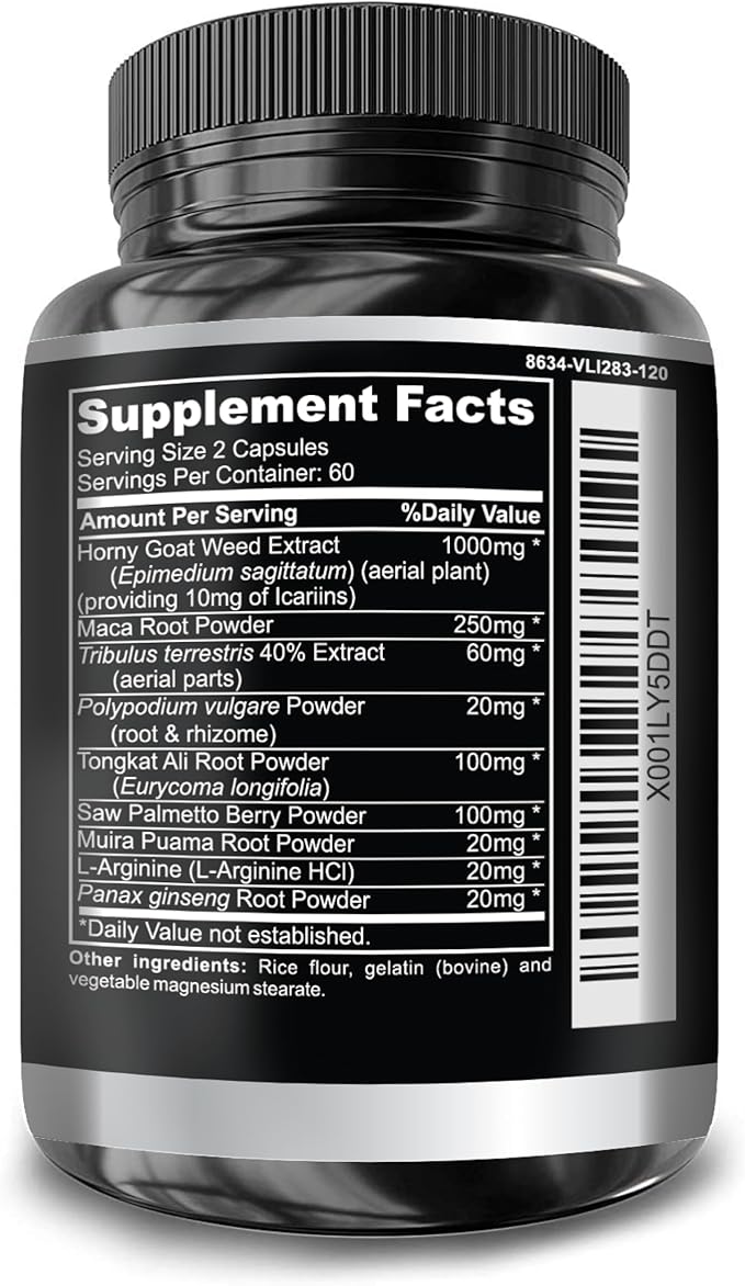Super Strength 1590mg Horny Goat Weed 120 Capsules With Maca Arginine & Ginseng - Naturally Boost your Health, Workout Performance, Endurance & Energy, Joint Health For Men & Women (120C)