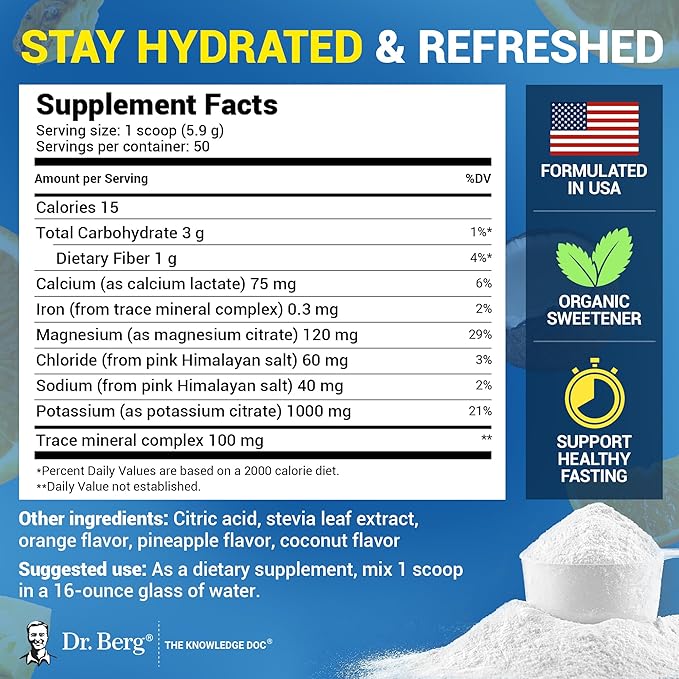 Dr. Berg Zero Sugar Hydration Keto Electrolyte Powder - Enhanced w/ 1000 mg of Potassium & Real Pink Himalayan Salt (NOT Table Salt) - Tropical Coconut, Pineapple & Orange Drink Supplement 50 Servings