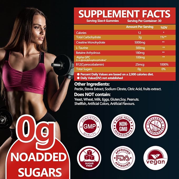 Creatine Monohydrate Gummies 5000mg Sugar Free for Men & Women, with L-Taurine + Vitamin B12 for Muscle Strength, Muscle Builder, Energy Boost, Pre-Workout Supplement, Strawberry, 120 Count