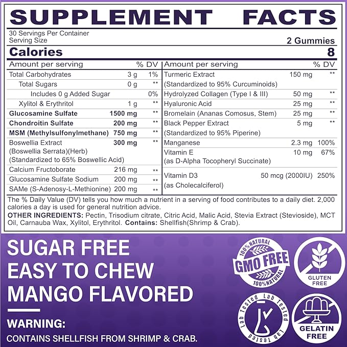 Glucosamine Chondroitin Gummies with MSM, Boswellia Turmeric & Hyaluronic Acid, Extra Strength Joint Support Supplement for Joint Mobility, Comfort, Flexibility, Cartilage and Bone Health, 120 Cts