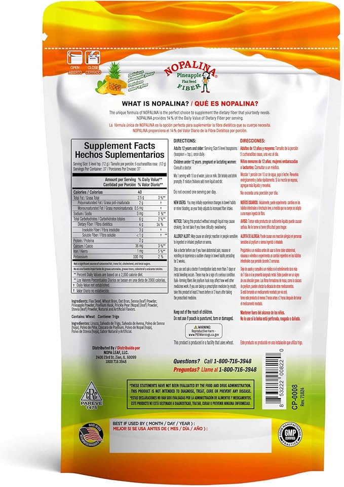 Nopalina Colon Detox Fiber (Flax Seed) - Pineapple Flavor (1LB)