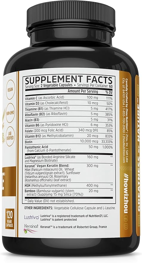 ZHOU Hairfluence, Hair Growth Supplement with Clinically Studied Lustriva and Keranat and Hair Vitamins Biotin 5000mcg, Vitamin D, A, C & B12, Non-GMO, Gluten Free, 120 VegCaps