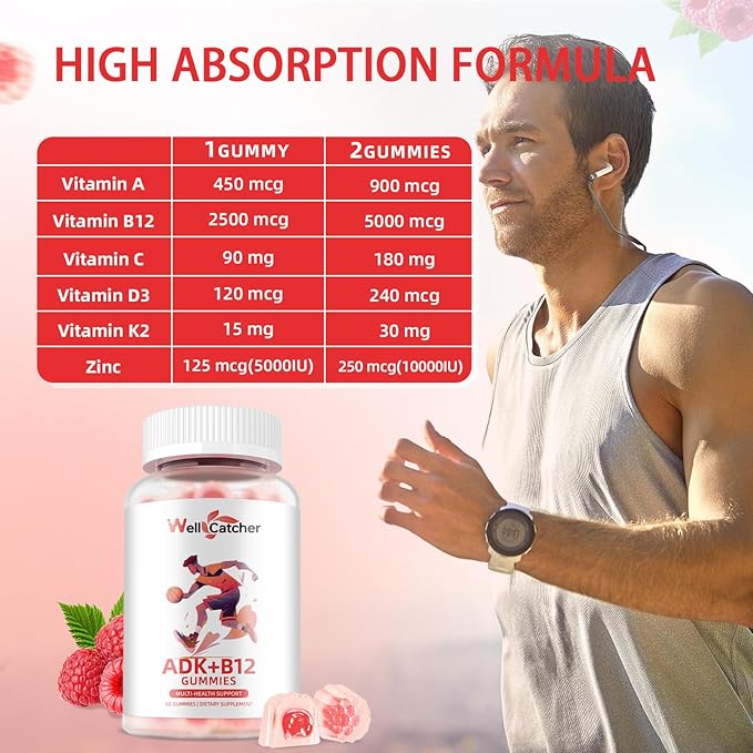 Vitamin ADK+B12 Gummies Sugar Free with Vitamin D3 K2 B12 K2 (MK-7) Chewable Vegan Multivitamin Supplement for Men Women Bone Brain Immune Skin Eye Heart 60 Counts Raspberry Flavored 2 Packs