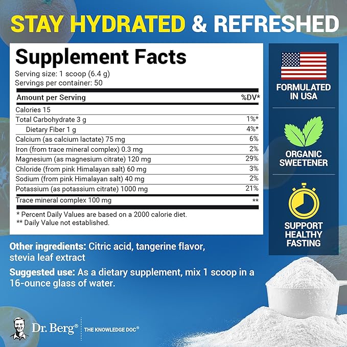 Dr. Berg Zero Sugar Hydration Keto Electrolyte Powder - Enhanced w/ 1000 mg of Potassium & Real Pink Himalayan Salt (NOT Table Salt) - Tangerine Flavor Hydration Drink Mix Supplement - 50 Servings
