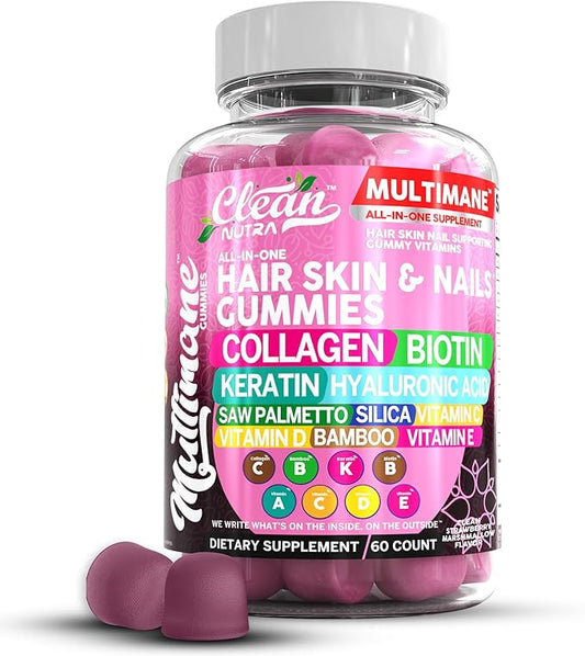 Biotin Collagen Keratin Gummies | Hair Skin and Nails Vitamins for Women | Hyaluronic Acid Bamboo Vitamin A C D3 E Folate With Saw Palmetto Silica B3 B12 Vegan Gummy By Clean Nutra