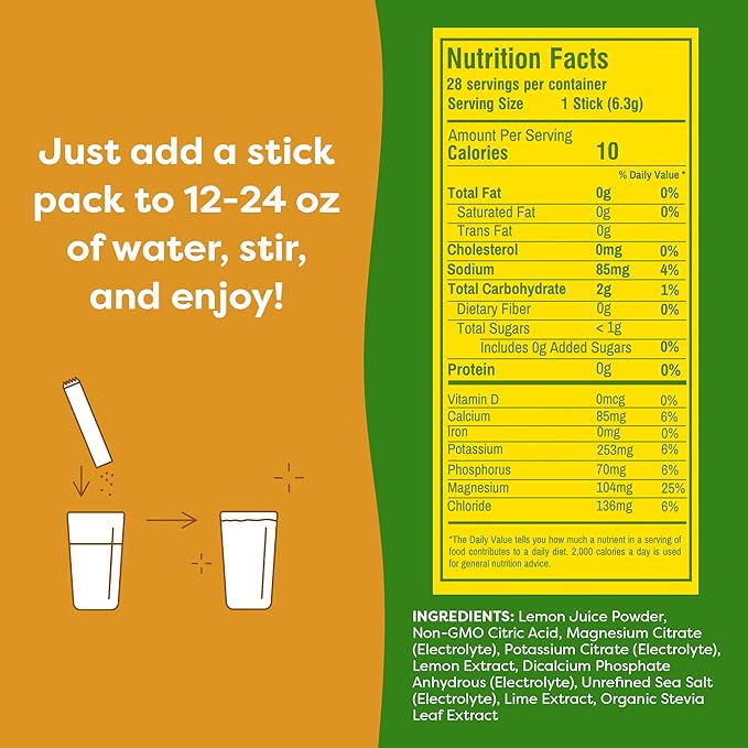 FlavCity Lemon Lime Electrolyte Drink Mix, 28 On-The-Go Stick Packs - Healthy Electrolytes Powder Packets Made with Real Fruit - Keto Powdered Drink with No Added Sugar, Gluten-Free