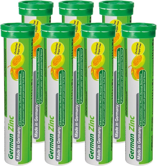 German Zinc 140 Drink Effervescent Tablets - Peach and Passion Fruit Flavour - 5 mg Zinc, Sugarfree, Vegan - T&D Pharma – Made in Germany