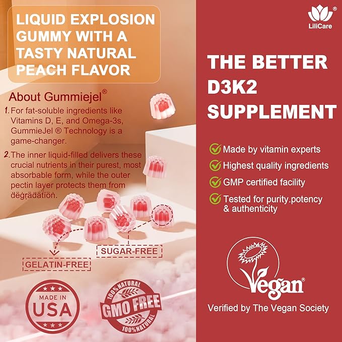 Sugar-Free Vitamin D3 K2 Filled Gummies 5000IU / 10,000 IU with 500mg Calcium + K2 (MK-7) 200mcg, Magnesium Citrate, Vitamin C, Extra Strength - Ultimate Absorption for Bone Muscle Teeth Immune, Vegan