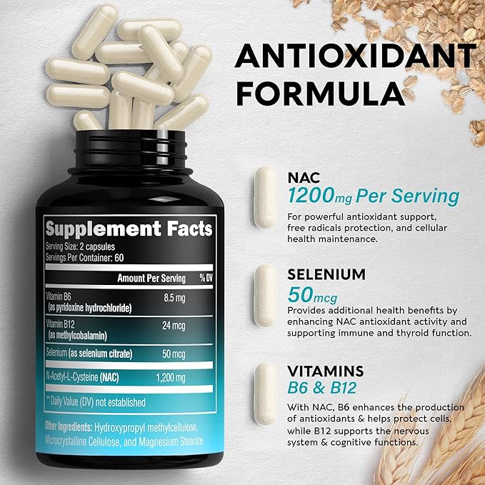 NAC Supplement | Selenium | B6 | B12 - Antioxidant, Immune Support - N Acetyl Cysteine 600 mg per Capsule, 1200 mg per Serving - Made in USA - Non-GMO, Gluten-Free, Vegan - 2 Month Supply