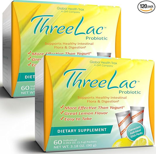 ThreeLac Lemon Probiotic Drink Mix for Digestive Health - Advanced Probiotic Powder Formula for Men, Women, and Kids - Immune Support & Gut Balance, Non-GMO - 120 Packets